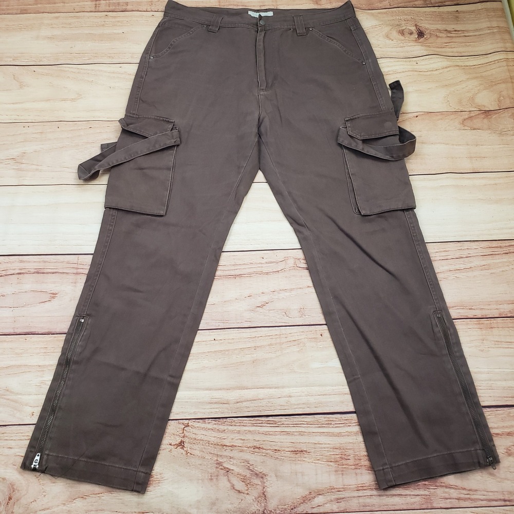 Standard/Cloth Cargo‎ Pants Womens Large Brown Zip Ankle Straps Pockets Casual